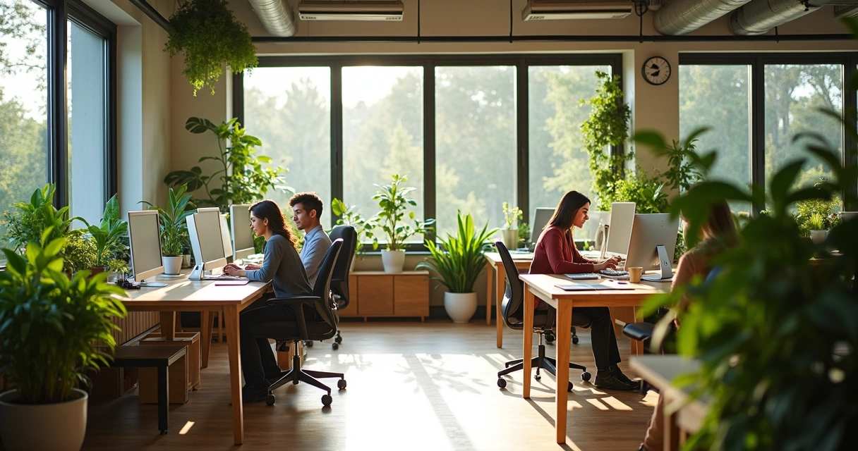 Modern office with plants and sustainable materials 