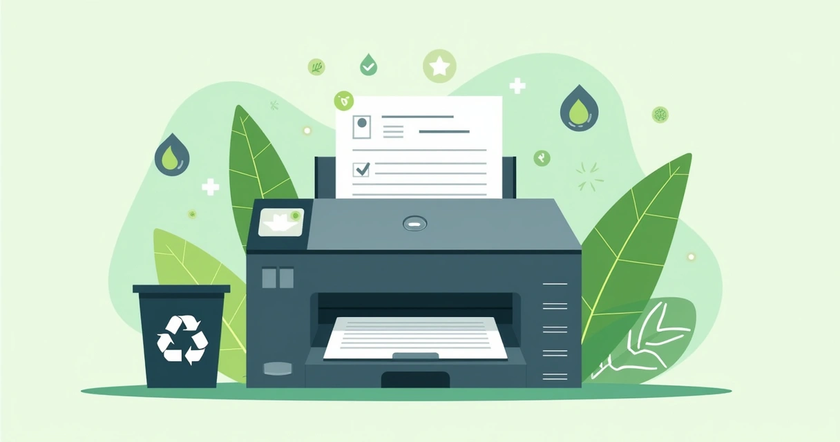 Modern printer beside recycling bin and green leaves decoration