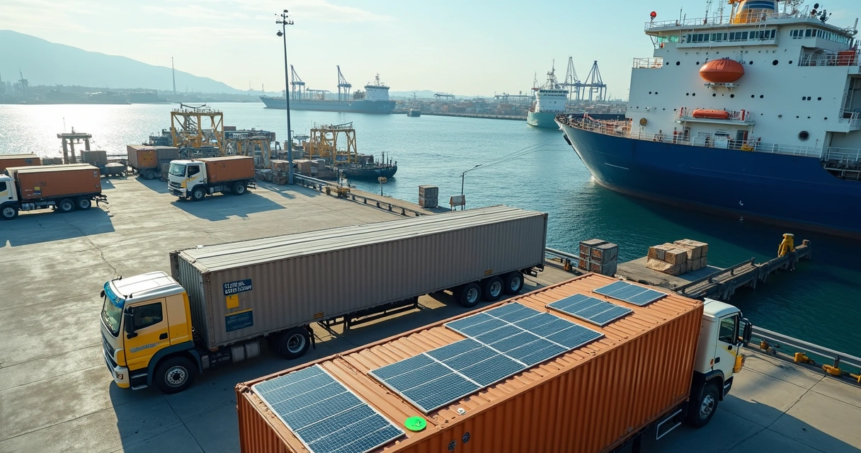 Eco-friendly ship resupply with solar panels and green-packaged cargo