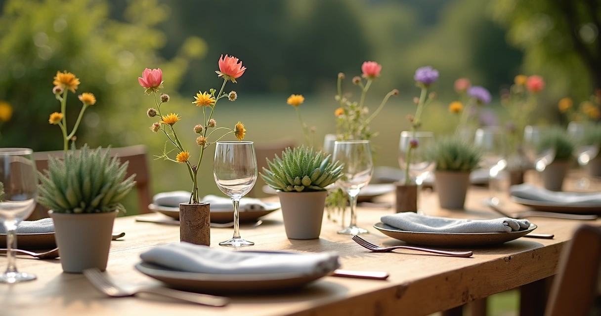 Potted plants used as rustic wedding table centerpieces 