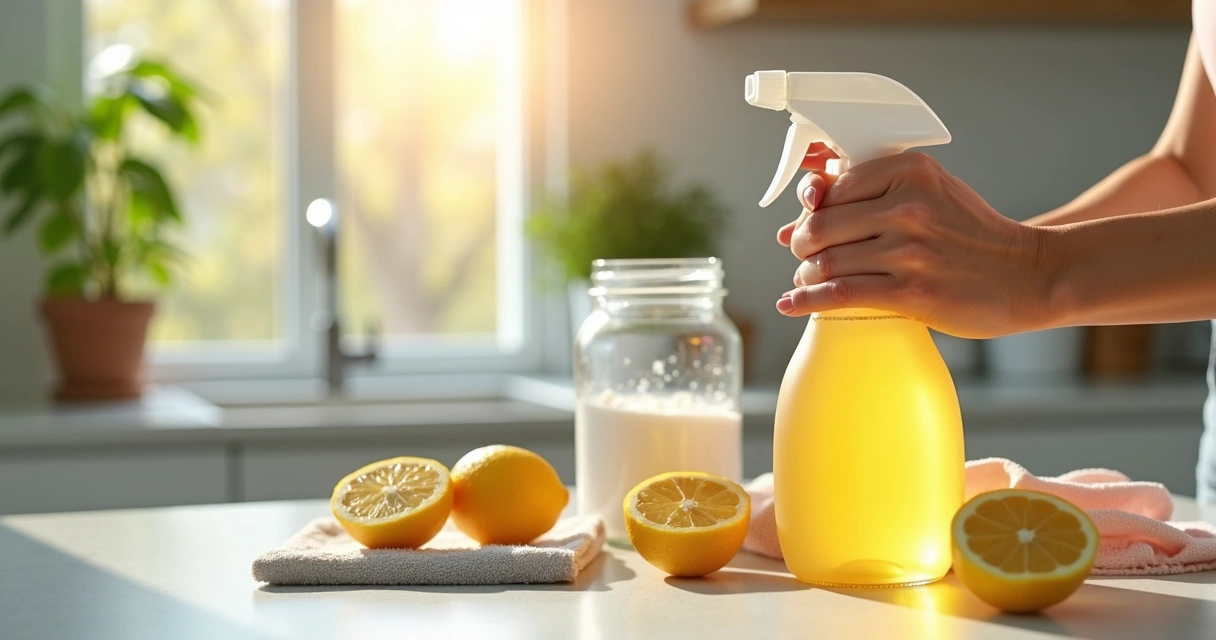 Person cleaning kitchen counter with natural cleaning products 