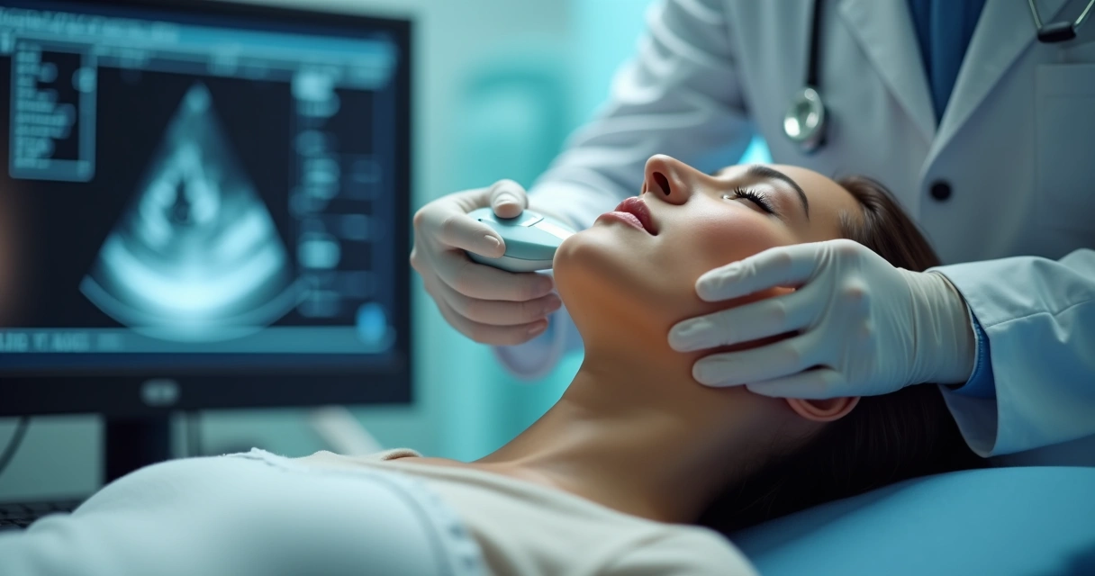 Paciente realizando exame de ultrassom na tireoide, médico aplicando gel no pescoço 