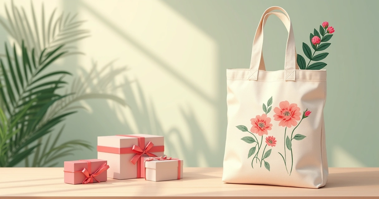 Ecobag de algodão cru com design floral sobre mesa 
