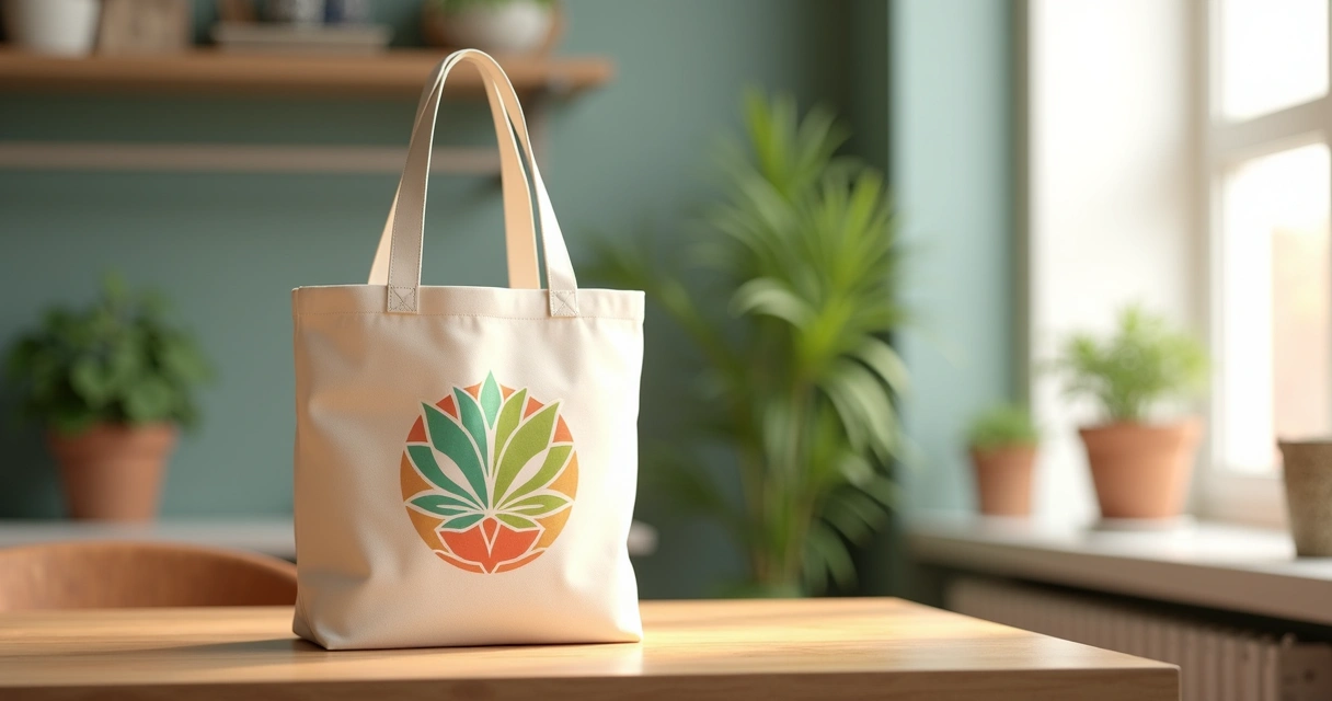Ecobag de algodão natural com design colorido e logo de empresa 