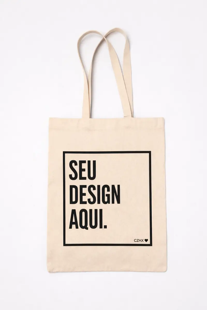 Ecobag bege com alças longas e a frase 'SEU DESIGN AQUI' em preto