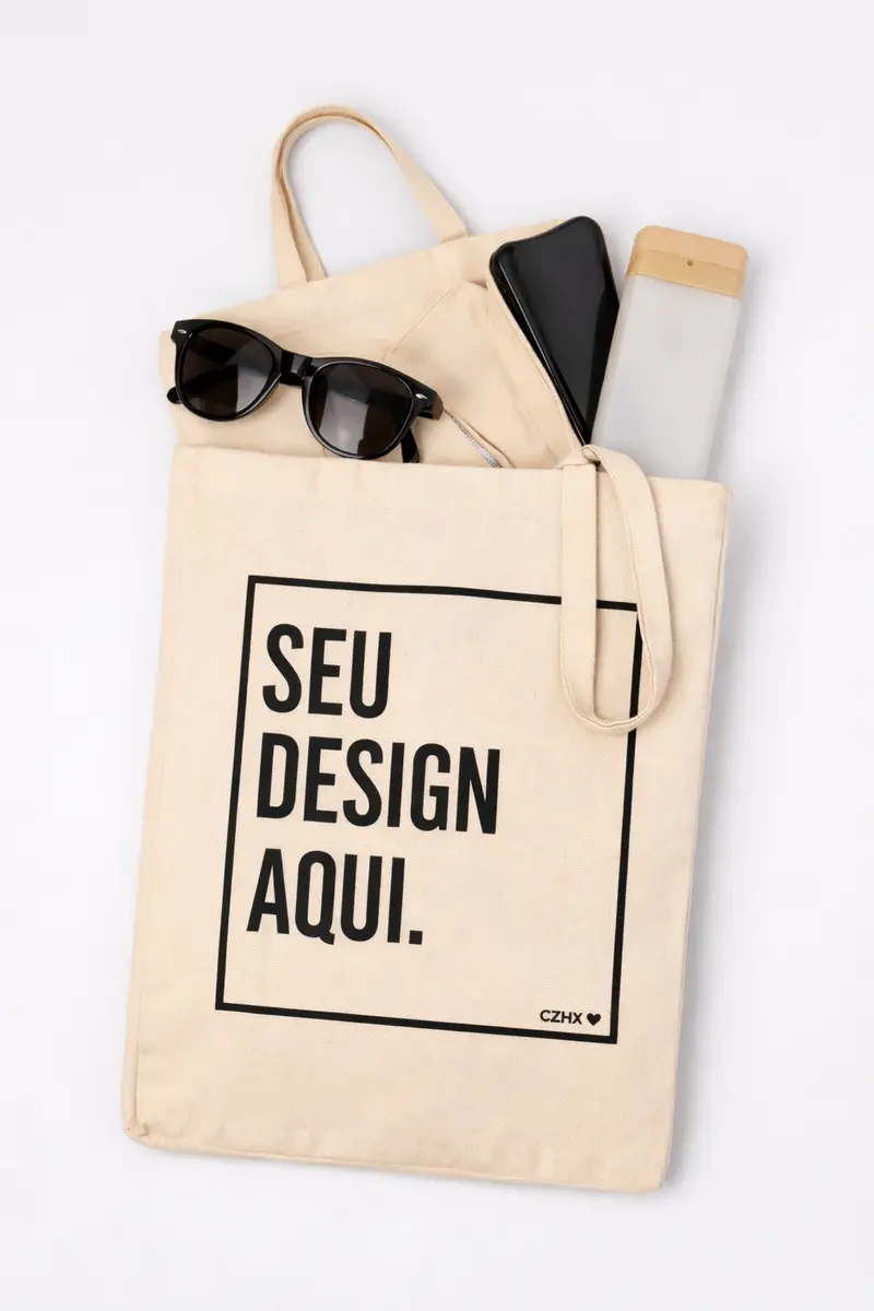 Sacola de tecido bege com a frase 'Seu design aqui' em preto, contendo óculos escuros, celular e garrafa térmica.