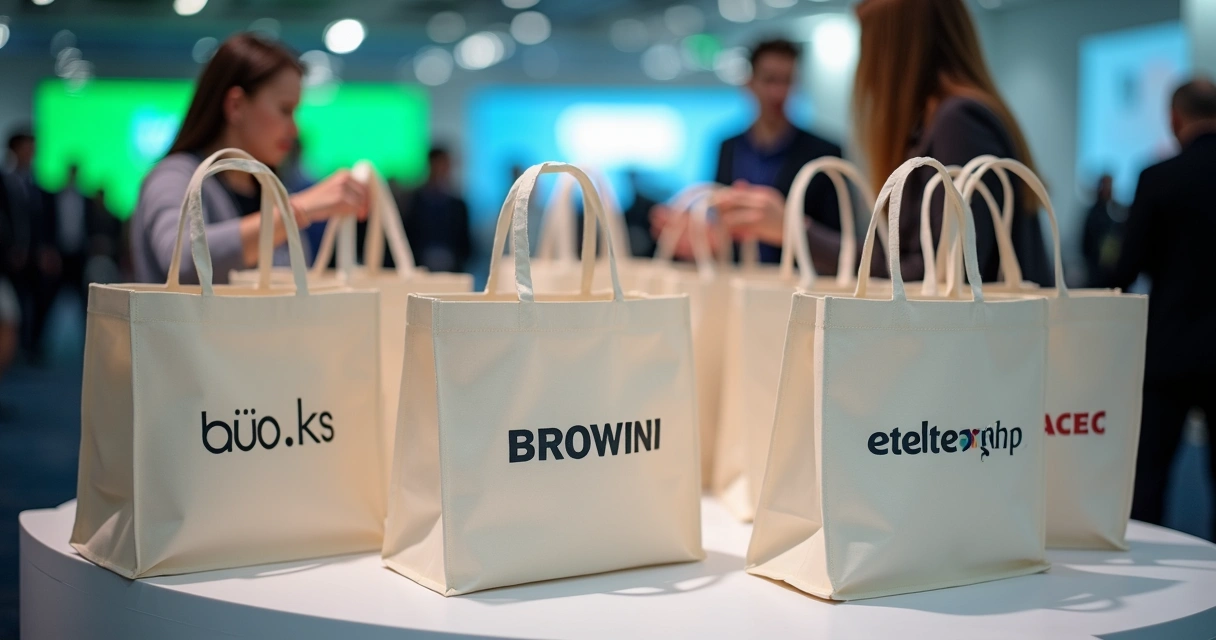 Ecobags de algodão personalizadas com logo de empresa alinhadas em mesa de evento 