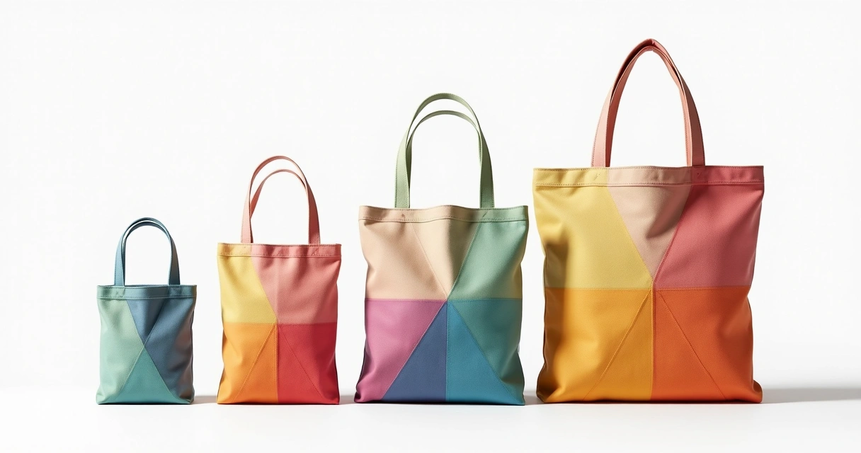 Ecobags sustentáveis de diferentes tamanhos, lado a lado em fundo branco 