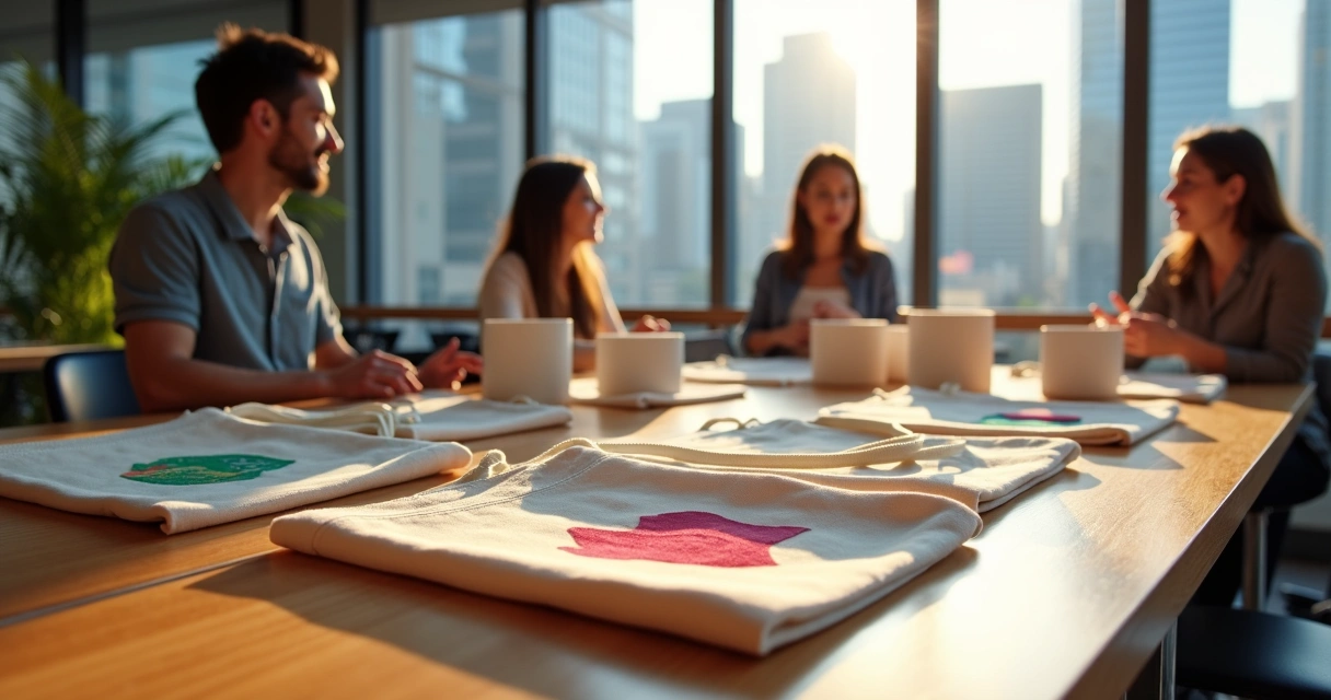 Ecobags estampadas com logomarcas sobre uma mesa em escritório 