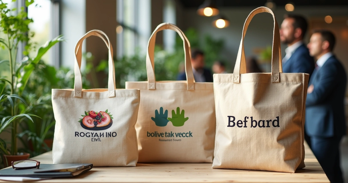 Sacolas ecológicas personalizadas com logos de empresas em um evento corporativo 