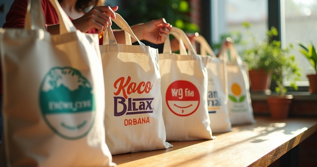 Várias ecobags personalizadas alinhadas em mesa de madeira 