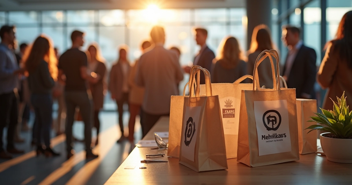 Ecobags personalizadas distribuídas em evento empresarial 