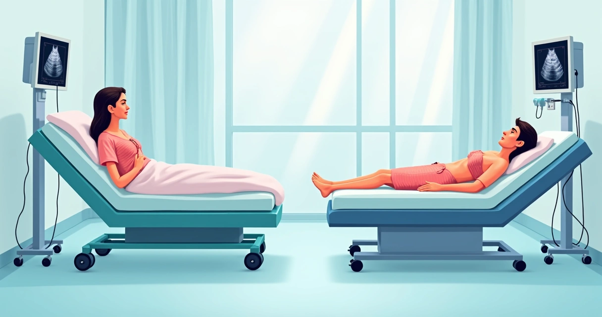 Comparação entre ecocardiograma transtorácico e transesofágico, mostrando dois equipamentos e pacientes em posições diferentes 