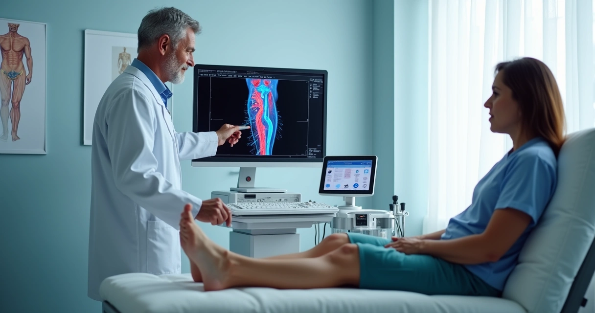 Médico analisa ecocolordoppler venoso em tela com veias coloridas na perna de paciente 