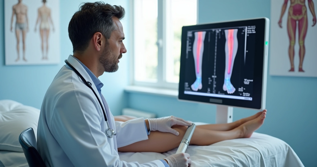 Médico realizando ecocolorDoppler nas pernas de um paciente na maca em consultório vascular moderno 