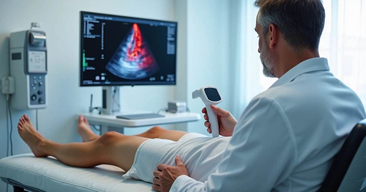 Exame de ecocolordoppler vascular sendo feito nas pernas de um paciente em consultório 