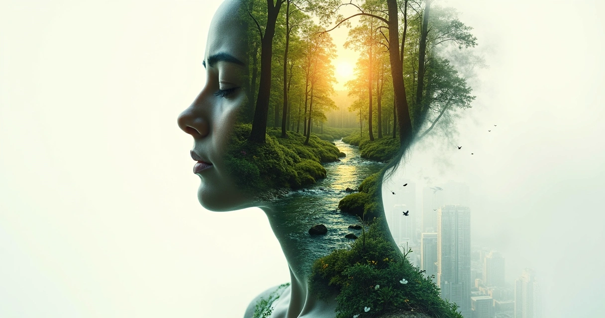Human profile blended with forest landscape and river at sunrise 