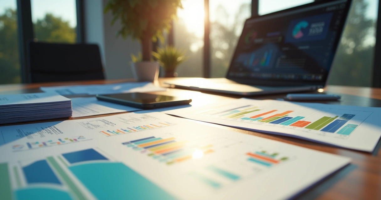 Modern e-commerce desk with scattered invoices, a laptop, and financial charts 