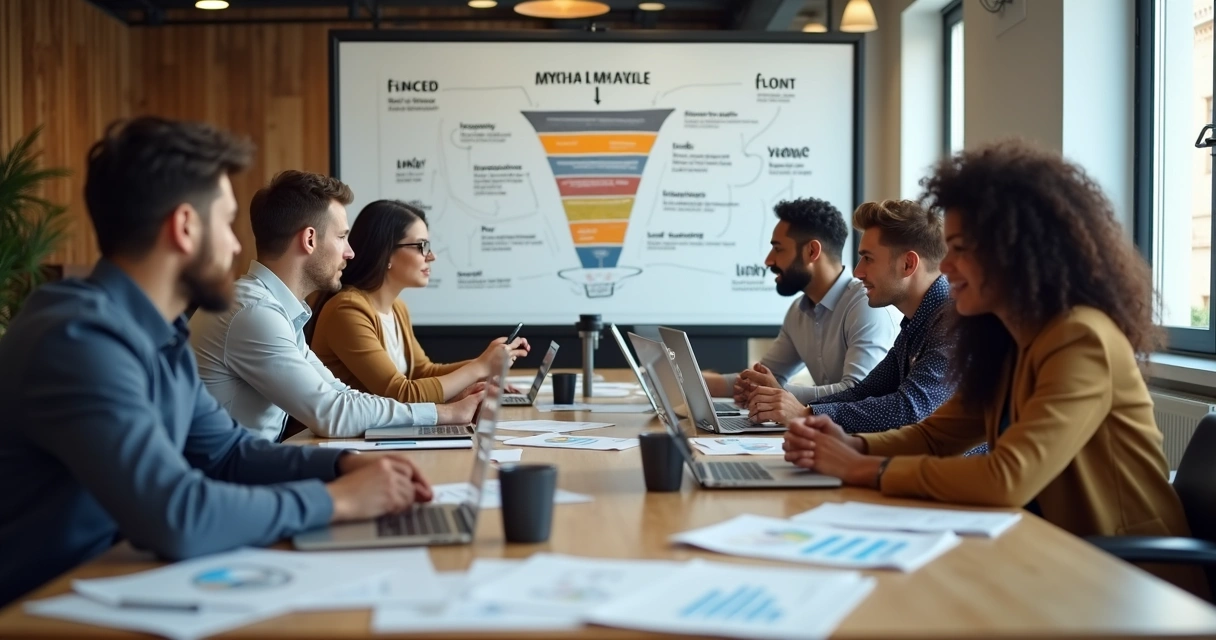 Equipe de ecommerce reunida planejando campanhas de afiliados. 