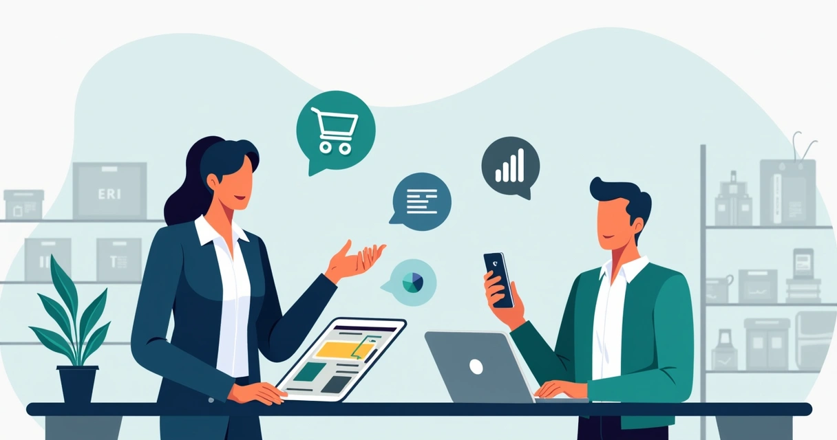 Representante comercial e cliente usando catálogo digital e link de pedidos