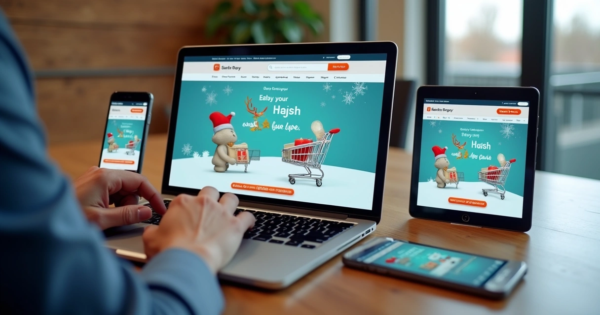 Loja virtual com página especial de data comemorativa e clientes navegando em dispositivos. 