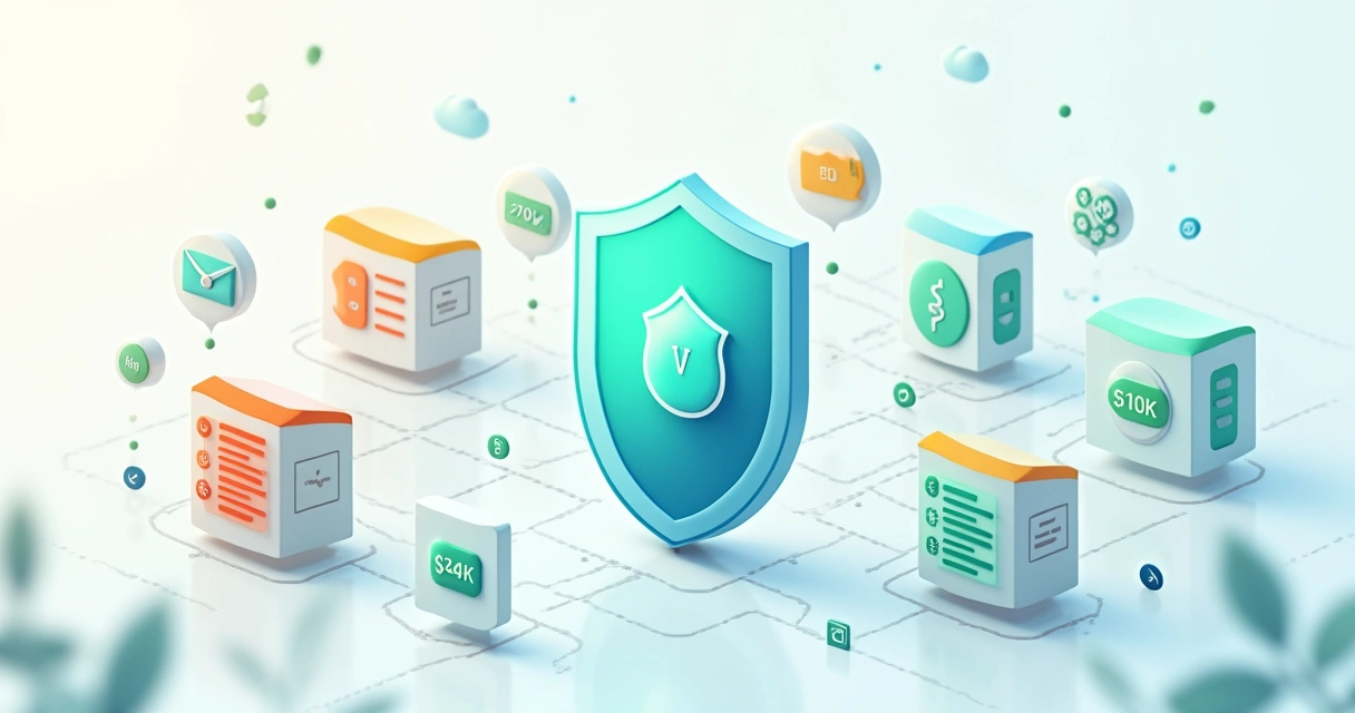 Ilustração de bancadas de ecommerce exibindo preços alinhados sob um grande escudo de proteção 