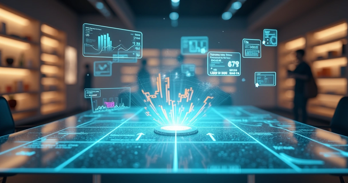 Painel de métricas de e-commerce ao fundo de prateleiras de produtos online 