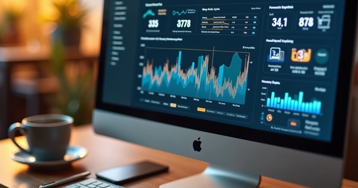 E-commerce analytics dashboard on a computer monitor with shopping icons. 