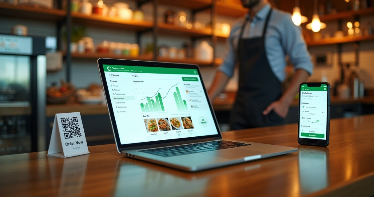 Dono de restaurante usando plataforma de ecommerce delivery no notebook com celular mostrando cardápio digital 