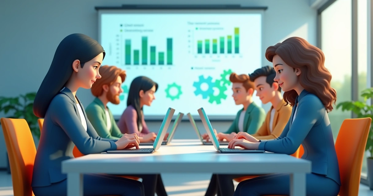 Equipe de e-commerce em mesa de reuniões, com aplicativos abertos. 