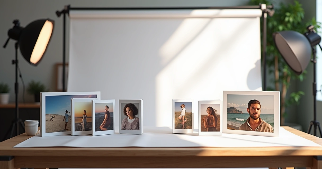 Várias fotos de produtos em um ambiente de estúdio, mostrando versões amadoras e profissionais lado a lado, com fundos brancos e iluminação controlada 