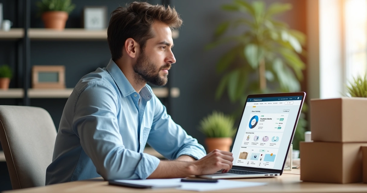 Empreendedor observa notebook com IA e e-commerce aberto