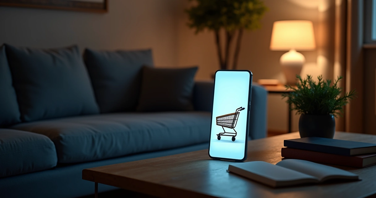 Carrinho de compras online mostrando móvel, celular na tela e ambiente doméstico ao fundo 