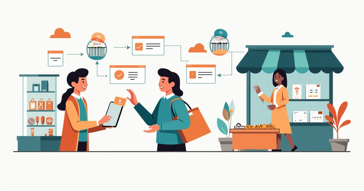 Ilustração mostrando cliente comprando via app, site e loja física, tudo conectado com notificações em tempo real. 