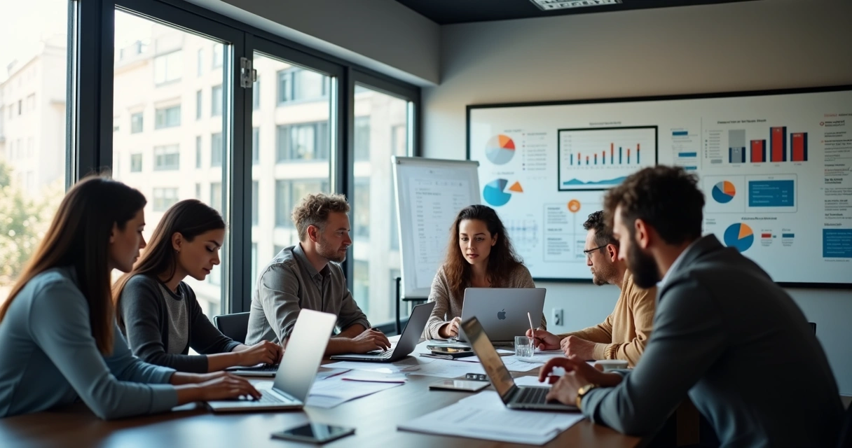Equipe de marketing digital analisando planejamento para Black Friday em escritório moderno 