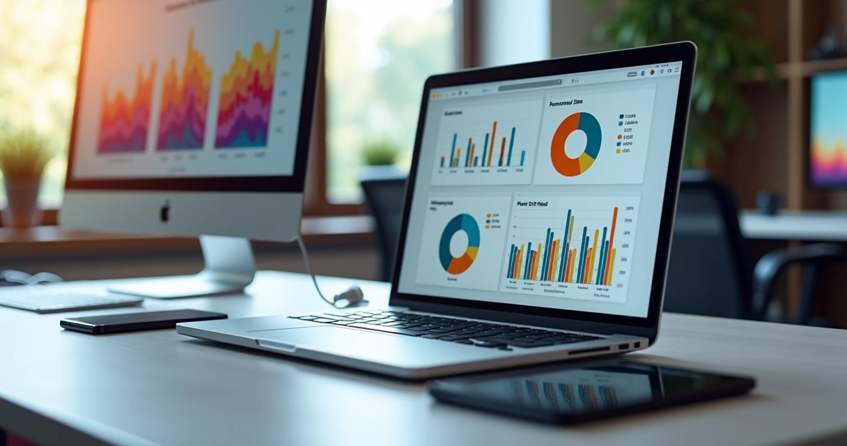 Tela de computador mostrando gráficos e métricas de SEO para e-commerce com loja virtual ao fundo 