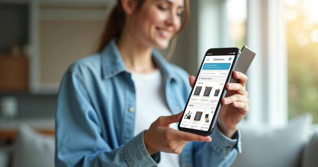 Online shopper holding phone and credit card with digital cart on screen 