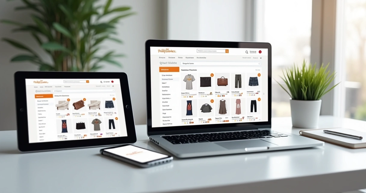 Loja virtual em plataforma personalizável exibida em vários dispositivos 