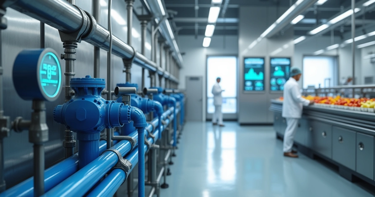 Tubulações azuis conduzindo água tratada em ambiente de fábrica de alimentos. 