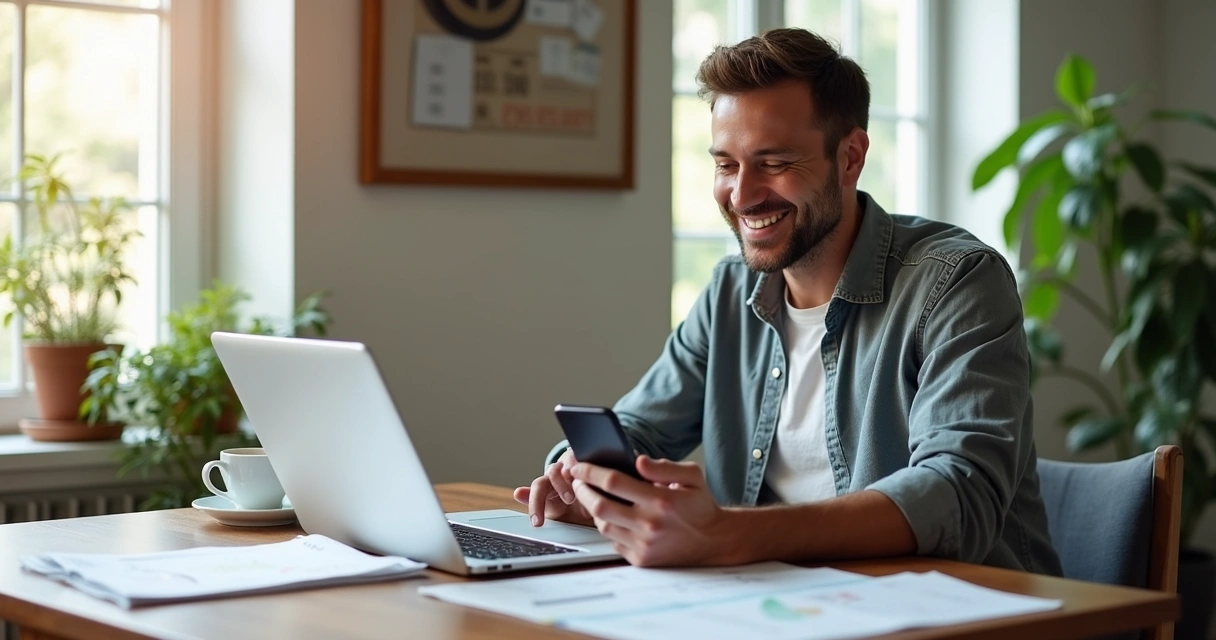 Homem sorrindo analisando economia no notebook com app financeiro 