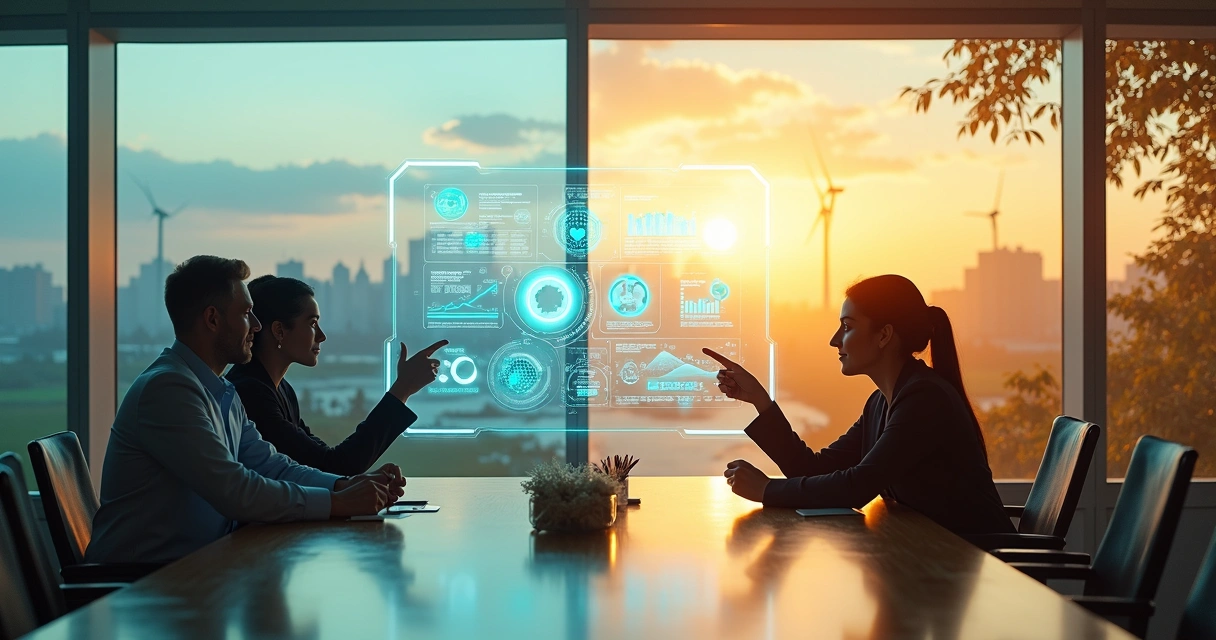 Executivo e líder comunitária conectando tecnologia e natureza em economia consciente 