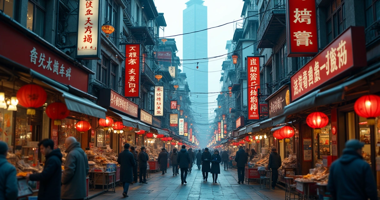 Movimentação do comércio em uma cidade chinesa, placas de lojas, pessoas andando 