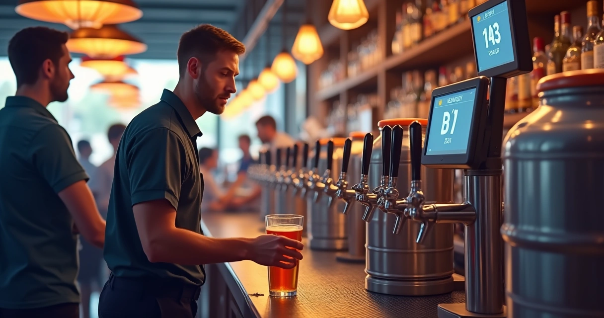 Funcionário repondo barril em sistema de chopeira automatizada 