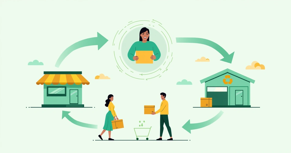 Processo de economia circular envolvendo loja virtual, cliente e reciclagem de embalagens.