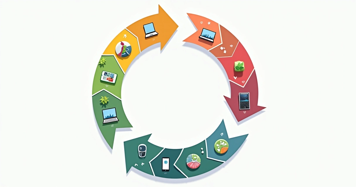 Diagrama colorido de economia circular com ícones de reciclagem e dispositivos digitais 