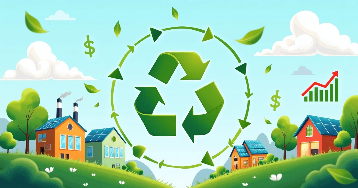 Ilustração colorida do conceito de economia circular, mostrando negócios sustentáveis e inovações. 