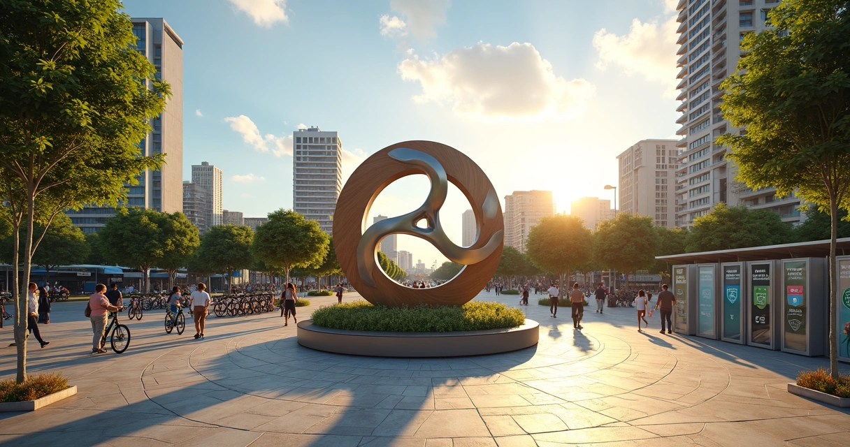 Praça em Uberlândia com centro de reciclagem e ícones de economia circular integrados ao cenário urbano 