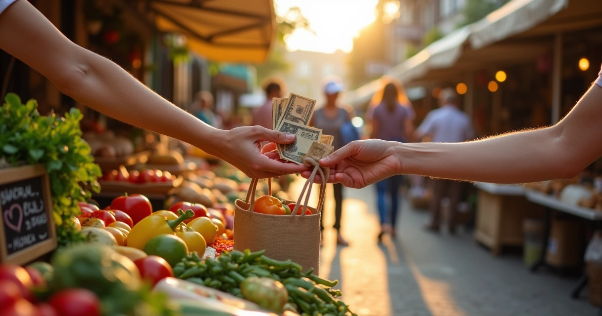 Manos intercambiando productos y billetes en un mercado de barrio con ambiente armonioso 