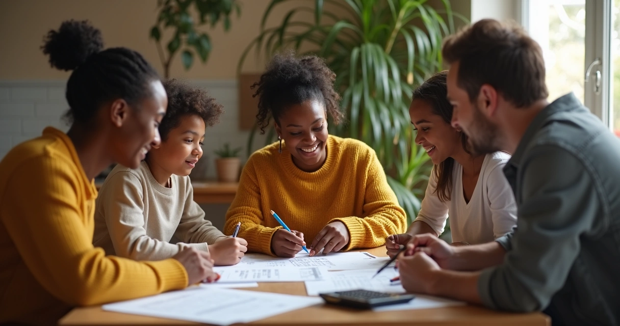 Familia sentada en la mesa, revisando juntos un presupuesto, expresión atenta.
