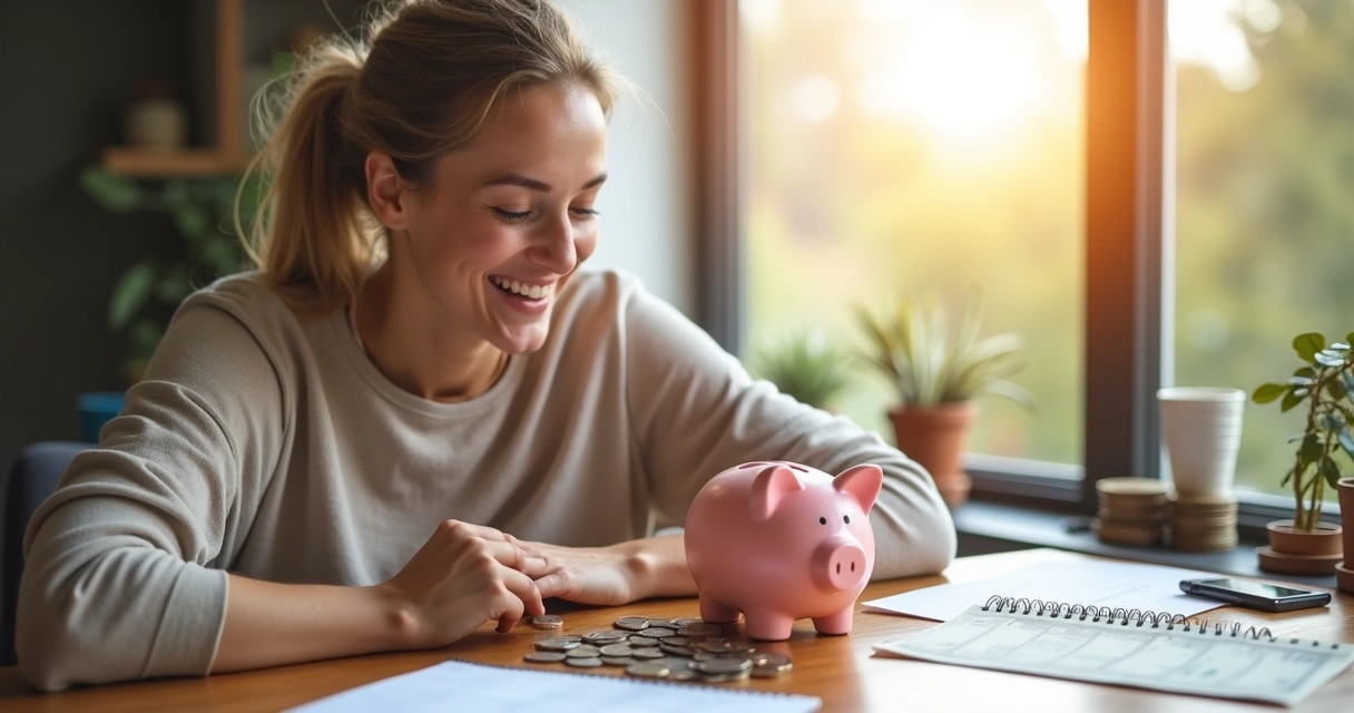 Pessoa feliz olhando para cofrinho cheio de moedas 